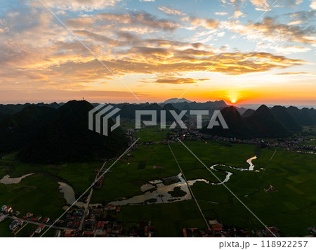 Drone aerial view of landscape mountains view in summer season,High angle view over countryside at northern Vietnam 118922257