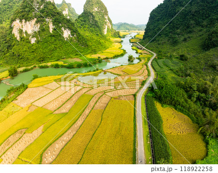 Aerial wide angle view of landscape with rice field at Phong Nam village in Trung Khanh, Cao Bang province,Northern Vietnam 118922258