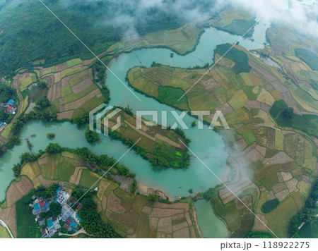 Aerial wide angle view of landscape with rice field at Phong Nam village in Trung Khanh, Cao Bang province,Northern Vietnam 118922275