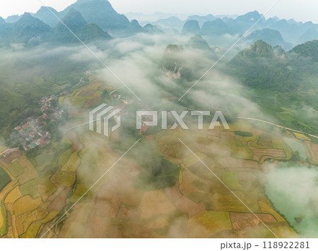 Aerial wide angle view of landscape with rice field at Phong Nam village in Trung Khanh, Cao Bang province,Northern Vietnam 118922281