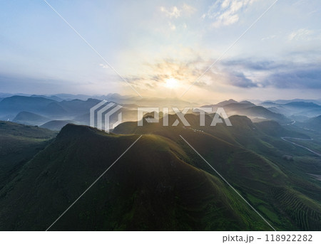 Drone aerial view of landscape mountains view in summer season,High angle view over countryside at northern Vietnam Drone aerial view of landscape mountains view in summer season,High angle view over countryside at northern Vietnam 118922282