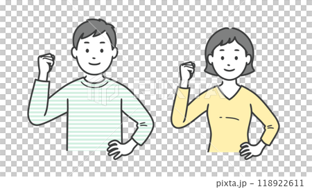 Upper body illustration of an adult man and woman doing a fist pump 118922611