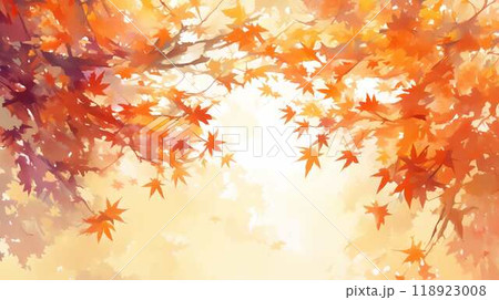 紅葉が広がる秋の木漏れ日・水彩アート風景イラストのイラスト素材