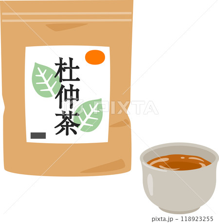 袋入りの杜仲茶と湯呑に入ったお茶 118923255