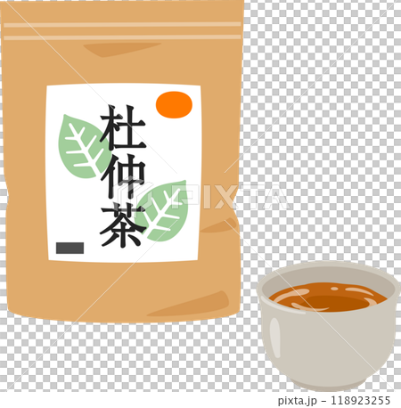 袋入りの杜仲茶と湯呑に入ったお茶 118923255
