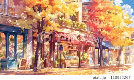 紅葉に彩られた商店街｜秋の日差しが差し込むヨーロッパ風街並みの