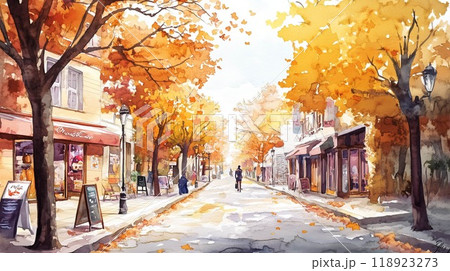 秋の並木道とカフェ通り｜穏やかな日差しに包まれた街の風景のイラスト