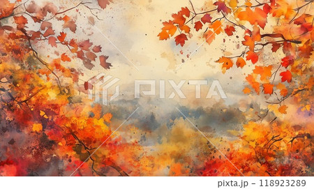 秋の紅葉風景・鮮やかな水彩タッチの自然アート 118923289