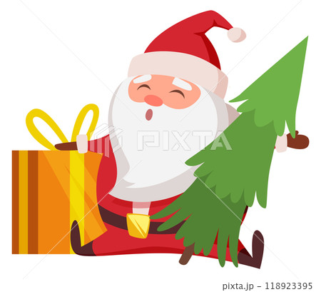 Happy Santa hold christmas tree and cartoon present Happy Santa hold christmas tree and cartoon present 118923395