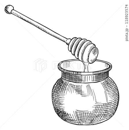 Honey dipper illustration. Jar with spiral wooden spoon Honey dipper illustration. Jar with spiral wooden spoon 118923574
