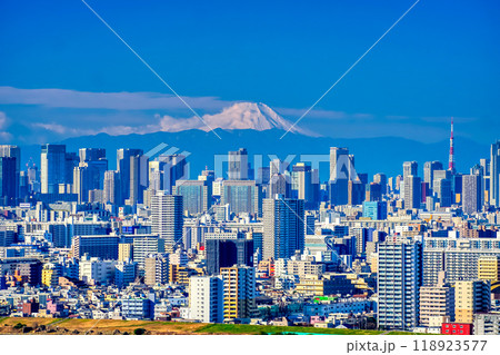 富士山と東京の高層ビル群の街並み 118923577