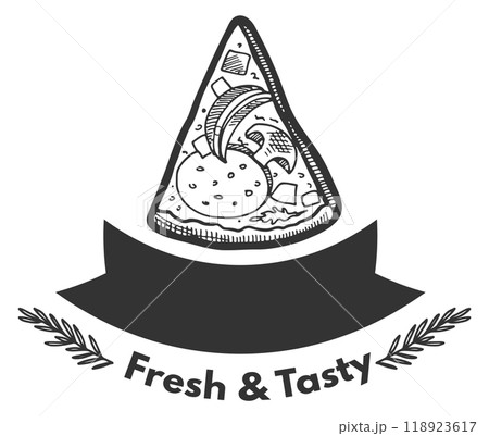 Fresh and tasty pizza emblem. Food slice logo 118923617
