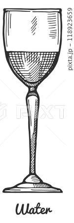 Water in elegant wineglass. Dining party glassware icon 118923659