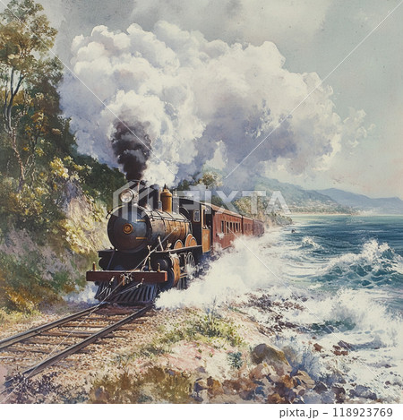 黒煙を上げて走る蒸気機関車のイラスト素材 [118923769] - PIXTA