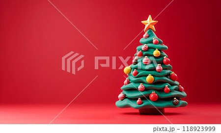 赤色背景に可愛い粘土細工風のクリスマスツリー 赤色背景に可愛い粘土細工風のクリスマスツリー 118923999
