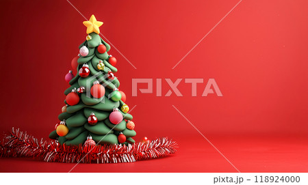 赤色背景に可愛い粘土細工風のクリスマスツリー 118924000