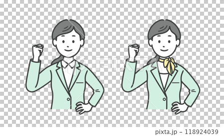 Upper body illustration of a female business man making a fist pump 118924039