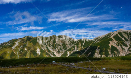 快晴の空と山並み　立山、室堂　富山県 118924148
