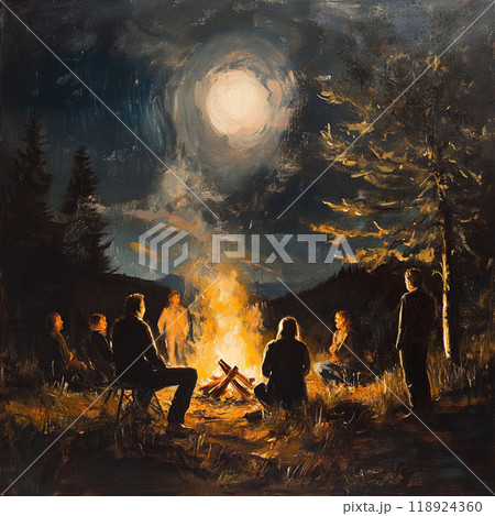 満月の夜に焚き火のイラスト素材 [118924360] - PIXTA