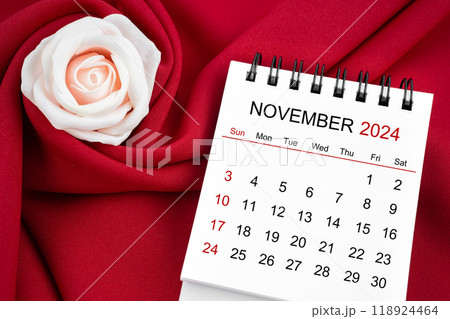 November 2024 desk calendar and pink rose on red textile. 118924464