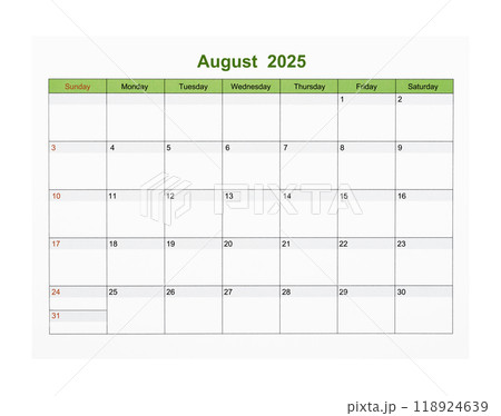 August 2025 Calendar page for 2025 year isolated on white, Save clipping path. August 2025 Calendar page for 2025 year isolated on white, Save clipping path. 118924639