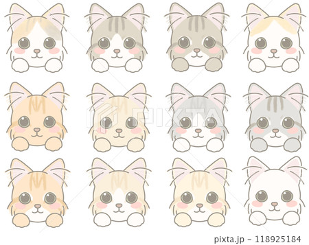 いろいろな表情の猫の顔のイラストセット 118925184