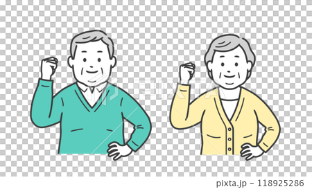 一位稍微超重的老年男女做勇敢姿勢的上半身插圖 118925286