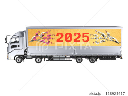 大型トラックの荷台の横に 巳年の白ヘビと 紅梅と白梅の画像を施した 3DCGイラスト 大型トラックの荷台の横に 巳年の白ヘビと 紅梅と白梅の画像を施した 3DCGイラスト 118925617