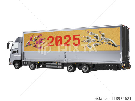 大型トラックの荷台の横に　巳年の白ヘビと　紅梅と白梅の画像を施した　3DCGイラスト 118925621