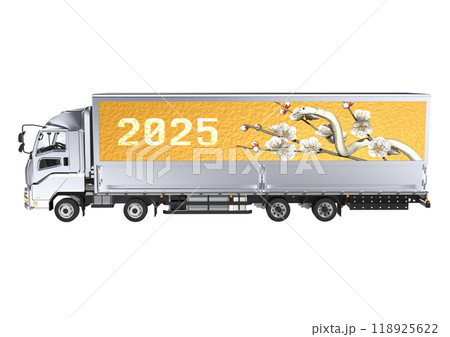 大型トラックの荷台の横に 巳年の白ヘビと 白梅画像を施した 3DCGイラスト 大型トラックの荷台の横に 巳年の白ヘビと 白梅画像を施した 3DCGイラスト 118925622