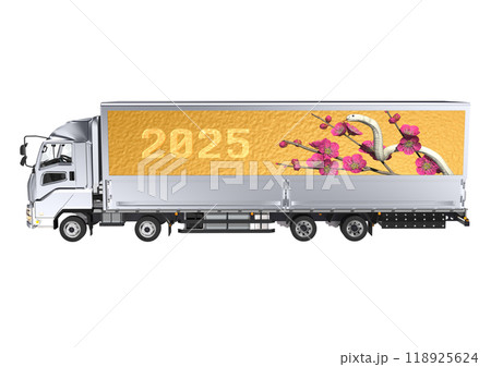 大型トラックの荷台の横に 巳年の白ヘビと 紅梅画像を施した 3DCGイラスト 大型トラックの荷台の横に 巳年の白ヘビと 紅梅画像を施した 3DCGイラスト 118925624