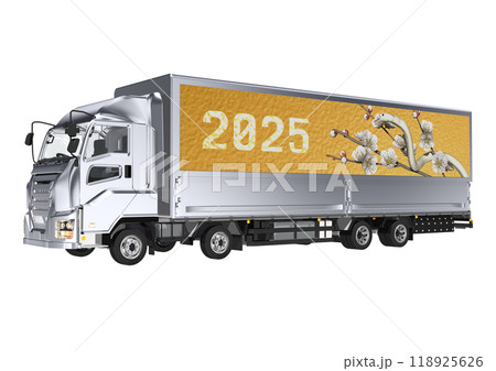 大型トラックの荷台の横に　巳年の白ヘビと　白梅画像を施した　3DCGイラスト 118925626