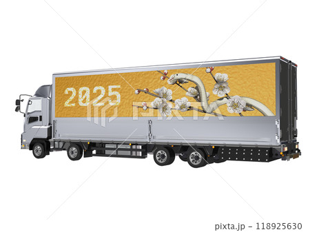 大型トラックの荷台の横に　巳年の白ヘビと　白梅画像を施した　3DCGイラスト 118925630