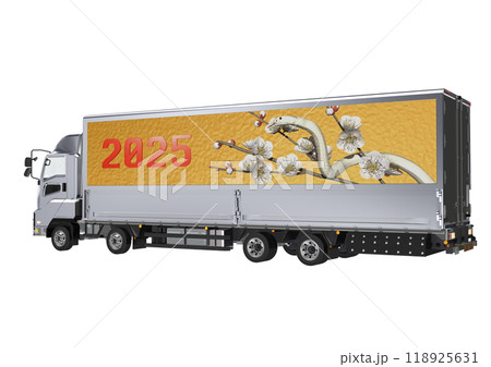 大型トラックの荷台の横に　巳年の白ヘビと　白梅画像を施した　3DCGイラスト 118925631