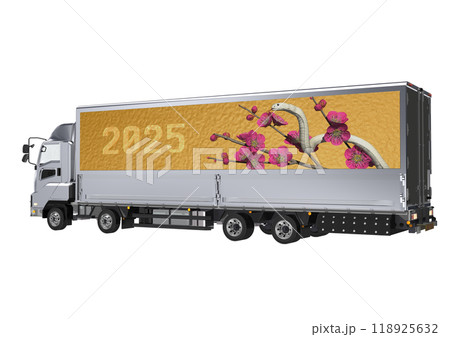 大型トラックの荷台の横に 巳年の白ヘビと 紅梅画像を施した 3DCGイラスト 大型トラックの荷台の横に 巳年の白ヘビと 紅梅画像を施した 3DCGイラスト 118925632
