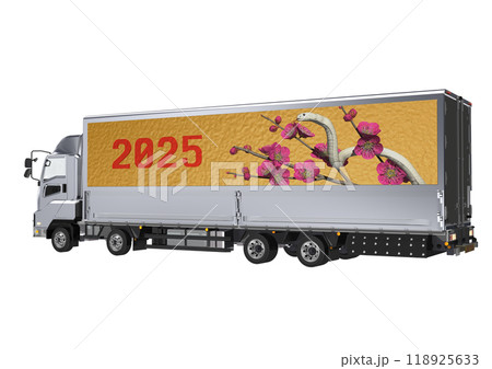 大型トラックの荷台の横に 巳年の白ヘビと 紅梅画像を施した 3DCGイラスト 大型トラックの荷台の横に 巳年の白ヘビと 紅梅画像を施した 3DCGイラスト 118925633
