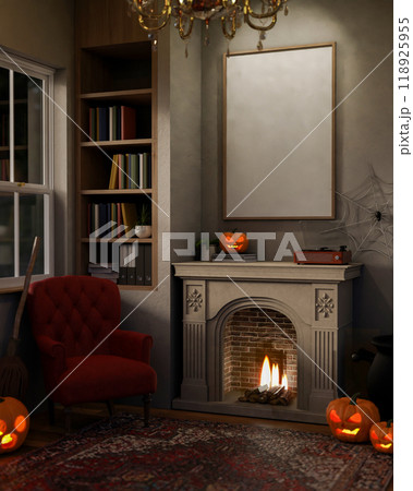 A luxurious classic living room on Halloween features a vintage fireplace and glowing pumpkin lights 118925955