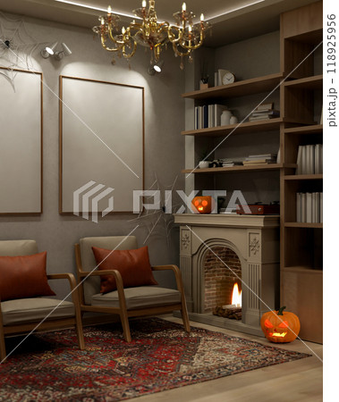 A luxurious classic living room on Halloween features a vintage fireplace and glowing pumpkin lights 118925956