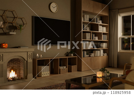 The interior design of a contemporary living room on Halloween night. 118925958