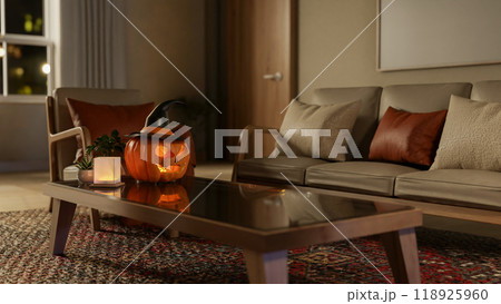 A coffee table featuring a Halloween pumpkin light in a cozy contemporary living room at night. 118925960