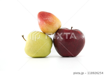 Red apple, green apple, and pear fruit trio on white background 118926254