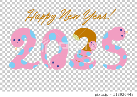 Pink New Year's card template with snake characters for 2025 118926448