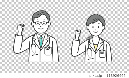 Upper body illustration of a male and female doctor doing a fist pump 118926463