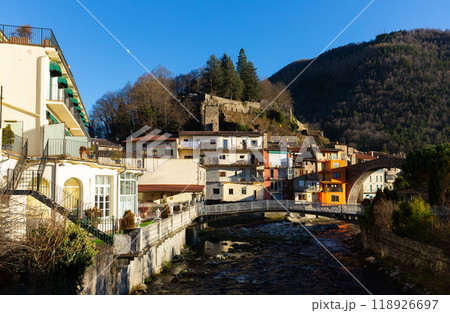 View on bridge in town of Camprodon in Pyrenees View on bridge in town of Camprodon in Pyrenees 118926697