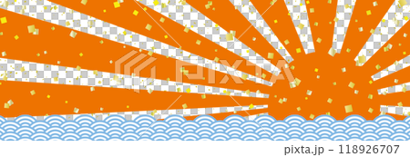 初日の出と青海波と金箔の和風バナー背景/横長/朱色・透過背景 118926707