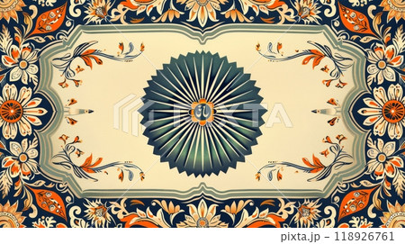 Traditional Indian Independence Day Celebration with Vibrant Floral Patterns and National Emblem 118926761