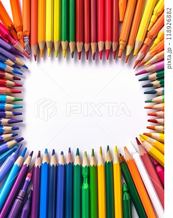 Colorful Back to School Frame Background with Pencils in a Circular Pattern on White 118926882