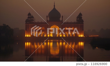 Illuminated Historical Monument Reflecting in Water at Dusk on India Independence Day 118926900
