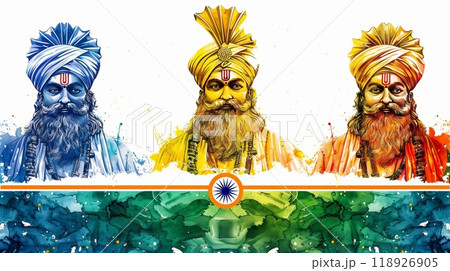 Vibrant Artistic Representation of Indian Independence Day with Cultural Figures and National Colors 118926905