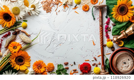 India Independence Day Celebration with Traditional Flowers, Cultural Artifacts, and Festive Decorations 118926920